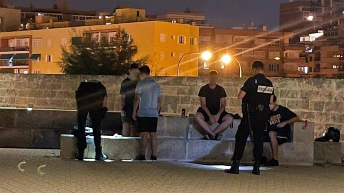 Agentes de la Policía Local identifican a unos jóvenes en Dalt Murada (Palma).