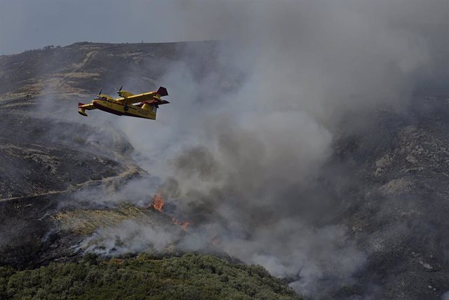 Un hidroavión realiza labores de extinción de un incendio forestal 