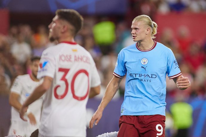 Erling Haaland of Manchester City looks on during the UEFA Champions League, Group  G, match between Sevilla FC and Manchester City at Estadio Ramon Sanchez Pizjuan on September 6, 2022 in Sevilla, Spain.