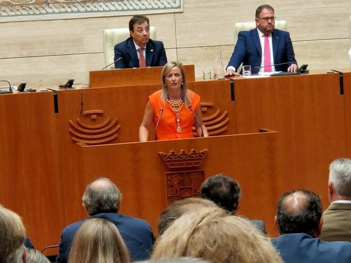 La presidenta de la Asamblea de Extremadura, Blanca Martín, en el acto en la Cámara regional con motivo del Día de Extremadura 2022