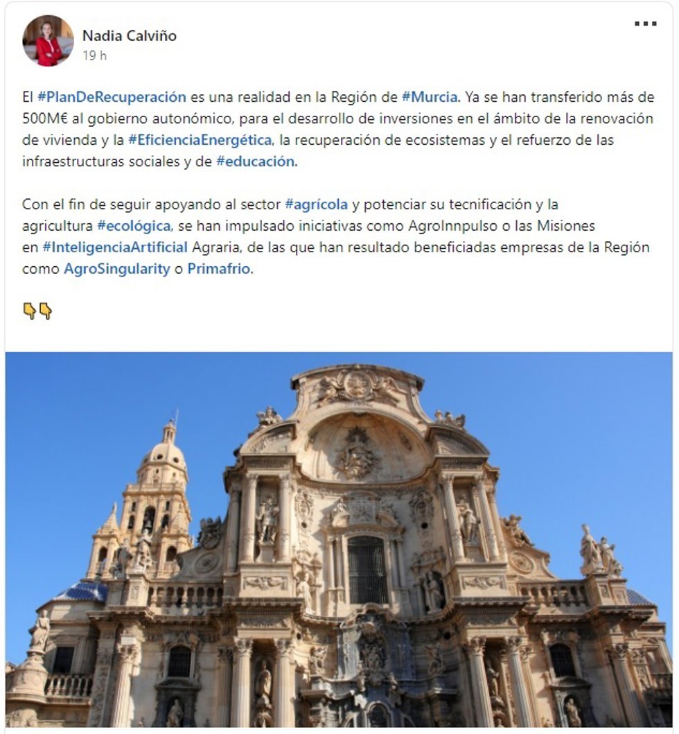 Imagen del mensaje publicado por Calviño