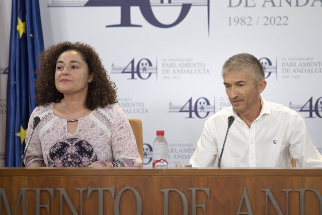 La portavoz del grupo parlamentario Por Andalucía, Inmaculada Nieto (i), y el presidente de la Fundación Andaluza Élite Taxi, Rafael Baena (d), durante la rueda de prensa. A 07 de septiembre de 2022, en Sevilla (Andalucía, España).