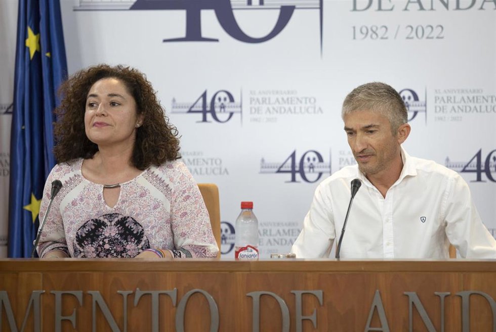 La portavoz del grupo parlamentario Por Andalucía, Inmaculada Nieto (i), y el presidente de la Fundación Andaluza Élite Taxi, Rafael Baena (d), durante la rueda de prensa. A 07 de septiembre de 2022, en Sevilla (Andalucía, España).