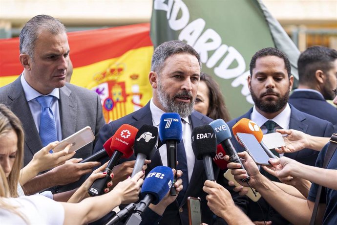 El presidente de Vox, Santiago Abascal, ofrece declaraciones a los medios tras presentar un recurso en el Tribunal Constitucional