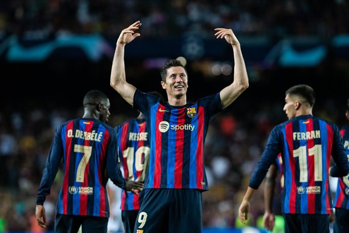 Robert Lewandowski celebrates a goal during the UEFA Champions League, Group C, football match played between FC Barcelona and Viktoria Plzen at Spotify Camp Nou on September 07, 2022 in Barcelona, Spain.