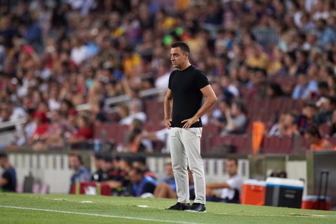 Xavi Hernandez Head coach of FC Barcelona looks on during the La Liga Santander match between FC Barcelona and Real Valladolid CF at Spotify Camp Nou on August 28, 2022, in Barcelona, Spain.
