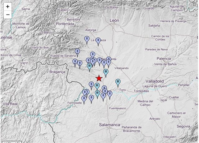 Mapa que señaliza las localidades de Zamora y León donde se ha dejado sentir el terremoto de esta madrugada.