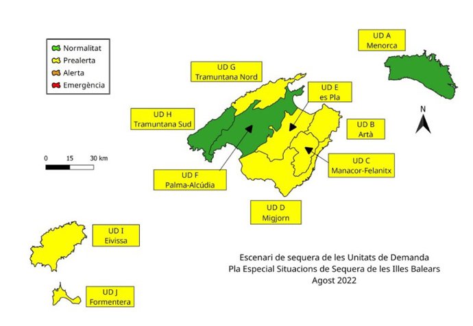 Mapa con la situación de las Unidades de Demanda de Baleares.
