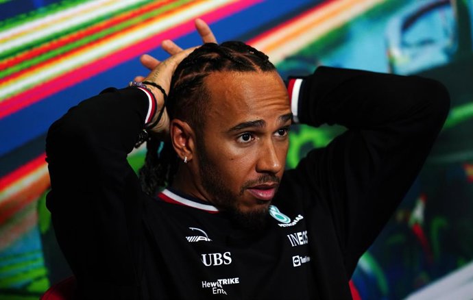 08 September 2022, Italy, Monza: British F1 driver Lewis Hamilton of team Mercedes attends a presser on preparation day for the Italian Grand Prix Formula One Race at the National Motor Racetrack of Monza. Photo: David Davies/PA Wire/dpa