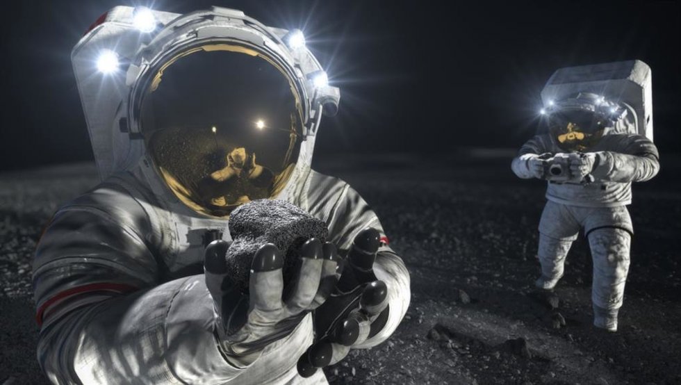 Ilustración artística de astronautas trabajando en la superficie lunar.