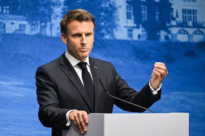 Archivo - FILED - 28 June 2022, Bavaria, Elmau: President of France Emmanuel Macron speaks during a press conference at the end of the G7 summit at Schloss Elmau. Photo: Sven Hoppe/dpa