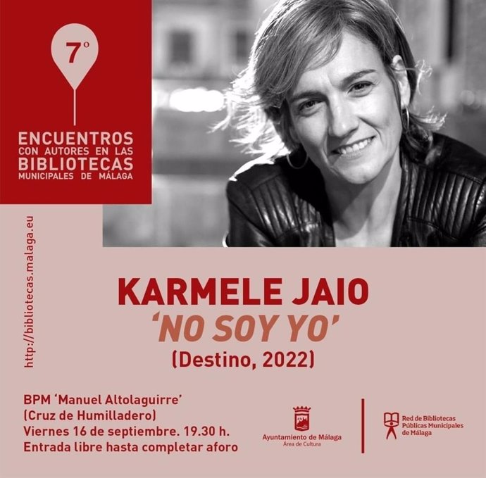 Cartel de la participación de Karmele Jaio en los 'Encuentros con autores en las Bibliotecas' municipales de Málaga capital