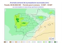 Mapa elaborado por la Aemet sobre la previsión meteorólica en CyL prevista para la semana del 12 de septiembre