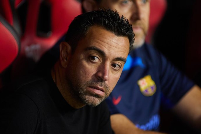 Xavi Hernandez, head coach of FC Barcelona, looks on during the spanish league, La Liga Santander, football match played between Sevilla FC and FC Barcelona at Ramon Sanchez Pizjuan stadium on September 3, 2022, in Sevilla, Spain.