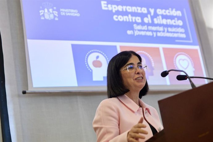 La ministra de Sanidad, Carolina Darias, interviene durante el acto 'Salud Mental y Suicidio en Población Joven y Adolescente', en la Residencia de Estudiantes de Madrid, a 9 de septiembre de 2022, en Madrid (España). Durante el acto han abordado distin