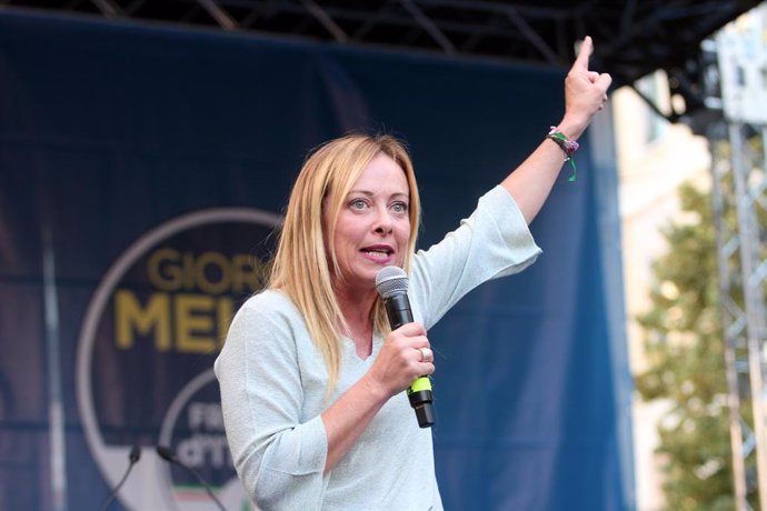 23 August 2022, Italy, Ancona: President of the Brothers of Italy right-wing populist party (Fratelli D'Italia, FdI), Giorgia Meloni speaks during her first public campaign event in Ancona for Italy's upcoming general elections. Photo: Gabriele Moroni/L