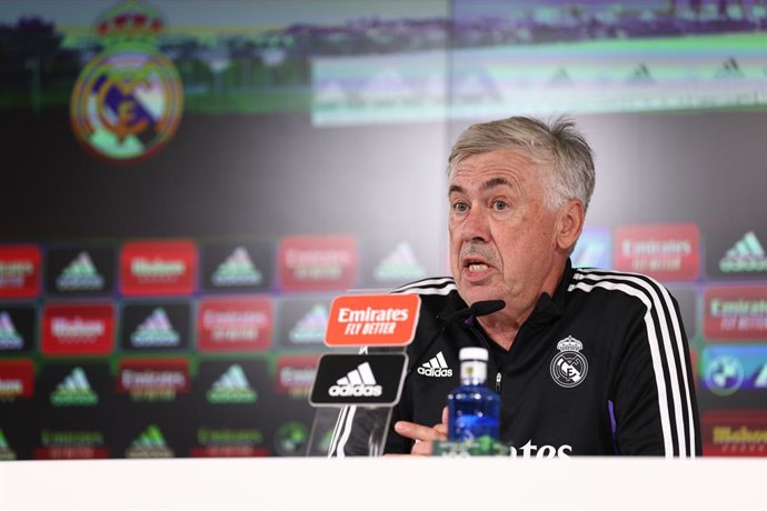 Carlo Ancelotti, head coach of Real Madrid, attends his press conference after the training session of Real Madrid at Ciudad Deportiva Real Madrid on August 27, 2022 in Valdebebas, Madrid, Spain.