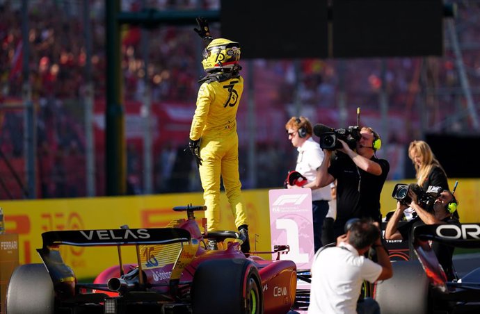 SCREENSHOT - 10 September 2022, Italy, Monza: Monegasque F1 driver Charles Leclerc of team Ferrari celebrates after claiming pole position following the qualifications of the Italian Grand Prix Formula One Race at the National Motor Racetrack of Monza. 