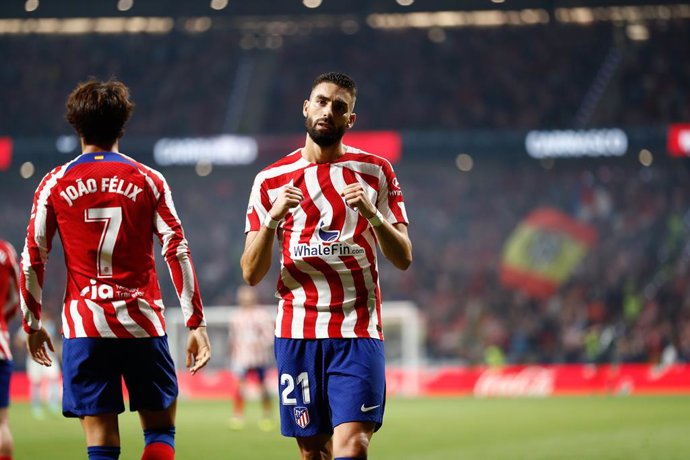 Yannick Carrasco of Atletico de Madrid celebrates a goal during the Spanish League, La Liga Santander, football match played between Atletico de Madrid and RC Celta de Vigo at Civitas Metropolitano stadium on September 10, 2022 in Madrid, Spain.