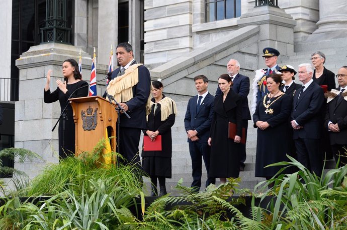 A supplied image obtained on Sunday, September 11, 2022, shows parliamentary kaumatua, Kura Moeahu speaking at the Proclamation of King Charles III at Parliament House in Wellington, New Zealand. The monarch's representative in New Zealand will proclaim