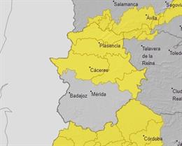 Archivo - Mapa de los avisos amarillos por lluvias en Extremadura el próximo martes.