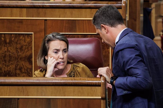 La portavoz del Grupo Popular en el Congreso de los Diputados, Cuca Gamarra, conversa con el diputado del PP, Miguel Ángel Castellón, durante una sesión plenaria