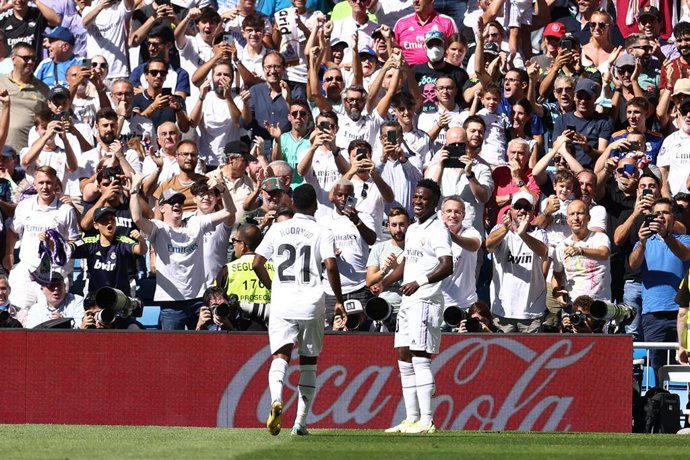 Vinicius Junior of Real Madrid celebrates a goal during the Spanish League, La Liga Santander, football match played between Real Madrid and Real Betis Balompie at Santiago Bernabeu stadium on September 03, 2022 in Madrid, Spain.