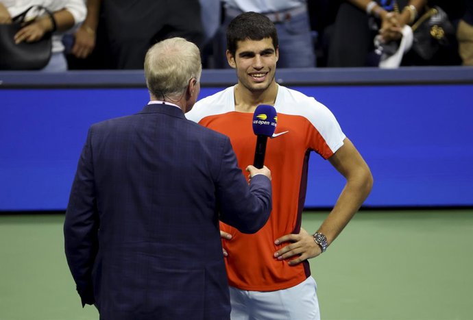Carlos Alcaraz of Spain interviewed by Patrick McEnroe after his semifinal victory against Frances Tiafoe of USA during day 12 of the US Open 2022, 4th Grand Slam tennis tournament of the season on September 9, 2022 at USTA National Tennis Center in New
