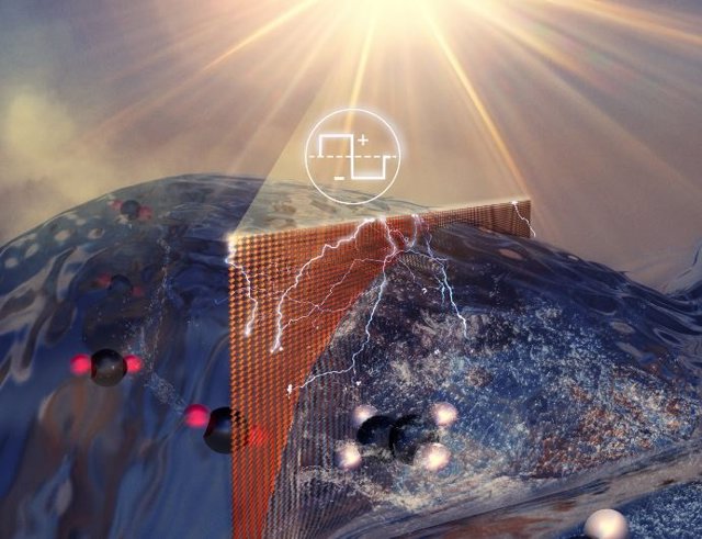 Ilustración abstracta de átomos que pasan a través del agua y una membrana electrificada bajo un sol brillante.