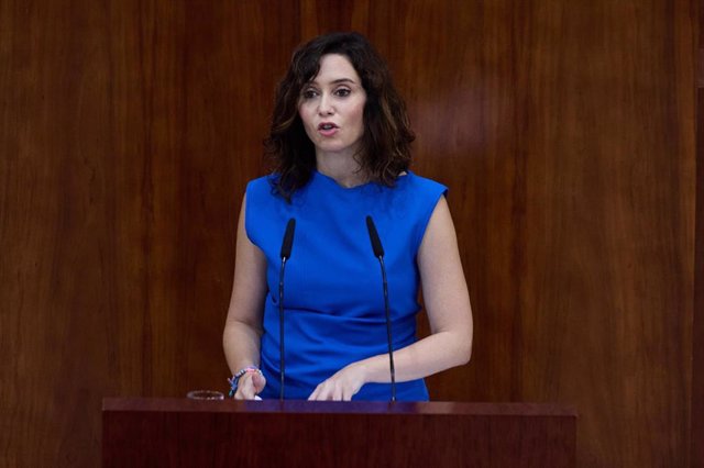 La presidenta de la Comunidad de Madrid, Isabel Díaz Ayuso, interviene en el debate del Estado de la Región en la Asamblea de Madrid este lunes.