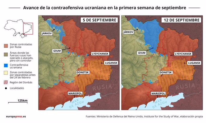 Comparación en mapas del avance de la contraofensiva ucraniana entre el 5 y el 12 de septiembre de 2022. Las Fuerzas Armadas de Ucrania han asegurado este lunes haber matado a 300 militares rusos en el marco de los combates registrados durante el último