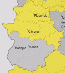 Mapa de alerta amarilla por lluvias en Extremadura el 13 de septiembre