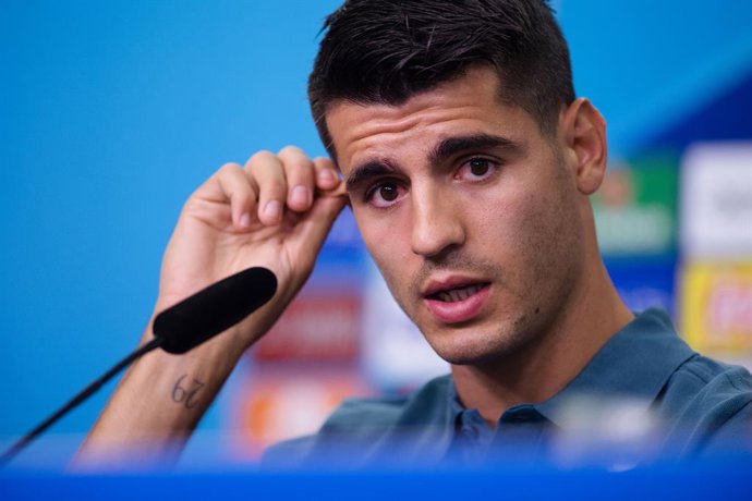 12 September 2022, North Rhine-Westphalia, Leverkusen: Atletico Madrid's Alvaro Morata attends a press conference for the team ahead of Tuesday's UEFAChampions League Group Bsoccer match against Bayer Leverkusen. Photo: Marius Becker/dpa