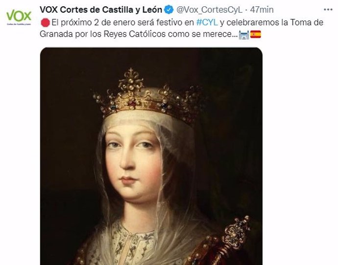 Tuit de Vox en las Cortes de Castilla y León sobre la festividad del 2 de enero.