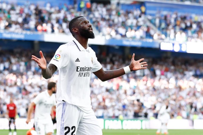 Antonio Rudiger of Real Madrid celebrates a goal during the Spanish League, La Liga Santander, football match played between Real Madrid and RCD Mallorca at Santiago Bernabeu stadium on September 11, 2022 in Madrid, Spain.