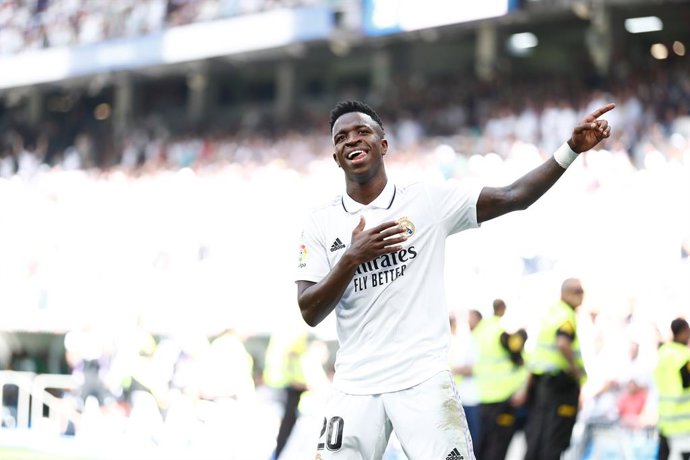 Vinicius Junior of Real Madrid celebrates a goal during the Spanish League, La Liga Santander, football match played between Real Madrid and RCD Mallorca at Santiago Bernabeu stadium on September 11, 2022 in Madrid, Spain.