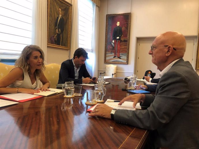 Un momento de la reunión de la ministra de Transportes, Movilidad y Agenda Urbana, Raquel Sánchez, y el consejero de Cohesión Territorial del Gobierno de Navarra, Bernardo Ciriza