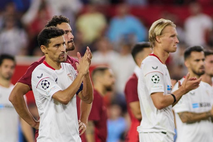 Jesus Navas of Sevilla FC gestures during the UEFA Champions League, Group  G, match between Sevilla FC and Manchester City at Estadio Ramon Sanchez Pizjuan on September 6, 2022 in Sevilla, Spain.