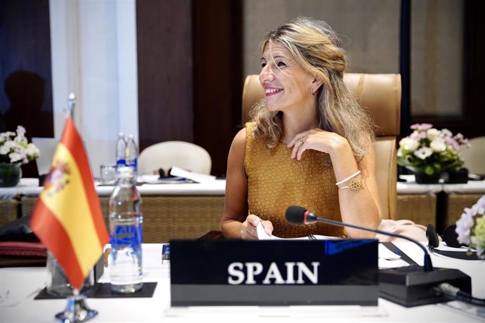 La vicepresidenta segunda y ministra de Trabajo, Yolanda Díaz, durante su participación en la reunión de ministros de Trabajo del G20, que se celebra en Bali (Indonesia)