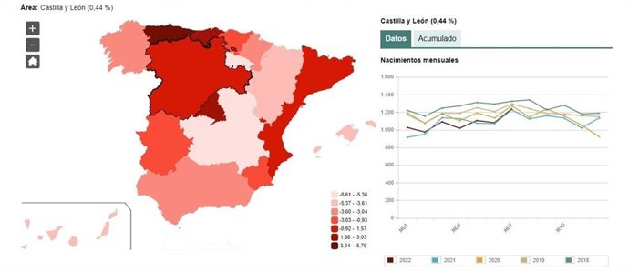 Mapa elaborado por el INE sobre la evolución de la estimación de nacimientos en CyL en julio de 2022