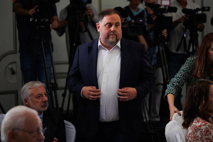 El presidente de Esquerra Republicana de Catalunya, Oriol Junqueras, participa en un desayuno informativo de la tribuna Fórum Europa, en el Hotel Westin Palace, a 14 de septiembre de 2022, en Madrid (España). El desayuno está organizado por Nueva Econom