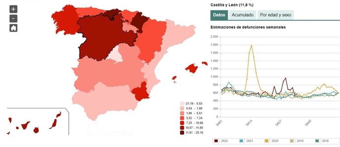 Mapa elaborado por el INE sobre el porcentaje de defunciones en CyL hasta la semana 34 del año