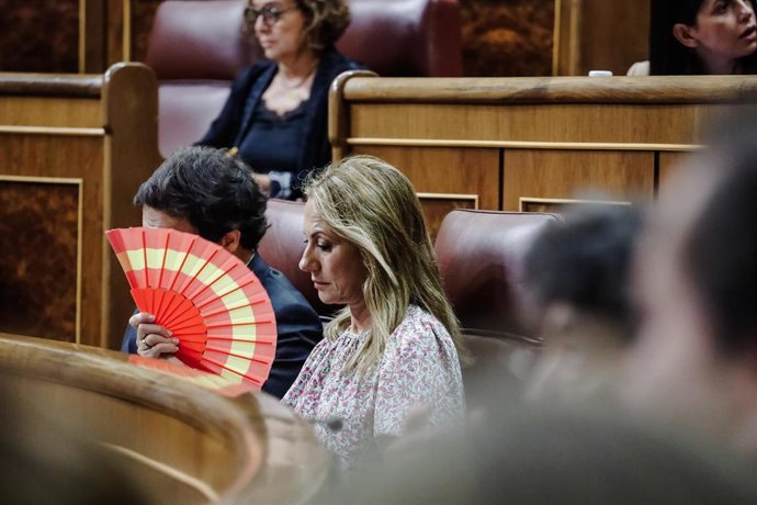 La diputada de Vox Reyes Romero, con un abanico con la bandera de España en el hemiciclo del Congreso