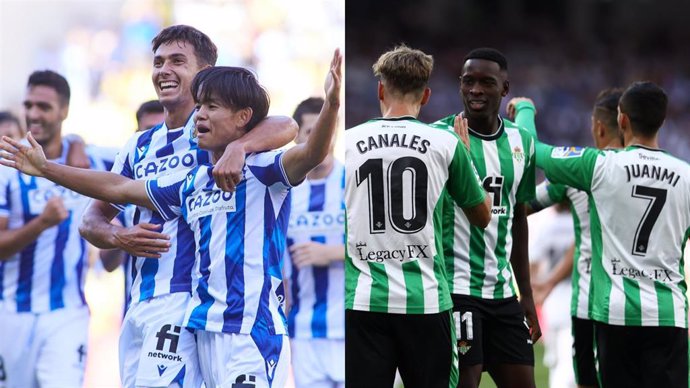 Take Kubo (Real Sociedad) y Sergio Canales y Juanmi (Real Betis) celebran un gol.