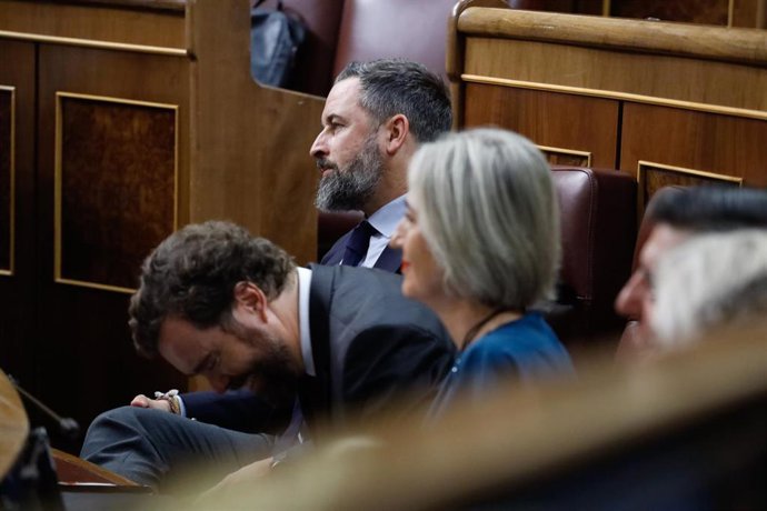El presidente de Vox, Santiago Abascal (i) y el portavoz del Grupo Parlamentario Vox, Iván Espinosa de los Monteros (c)