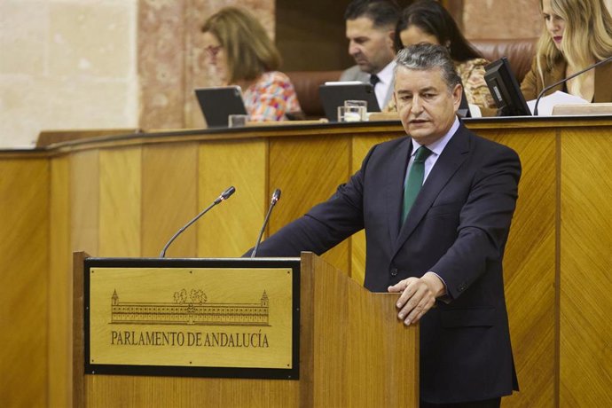 El consejero de Presidencia, Interior y Diálogo Social de la Junta de Andalucía, Antonio Sanz, durante la primera sesión parlamentario ordinaria de la XII Legislatura en el Parlamento de Andalucía