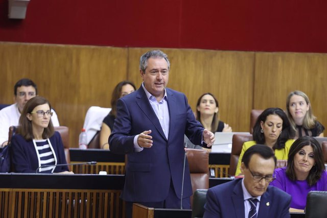 El secretario general del PSOE-A, Juan Espadas, en el Pleno del Parlamento andaluz durante su pregunta al presidente de la Junta, Juanma Moreno.