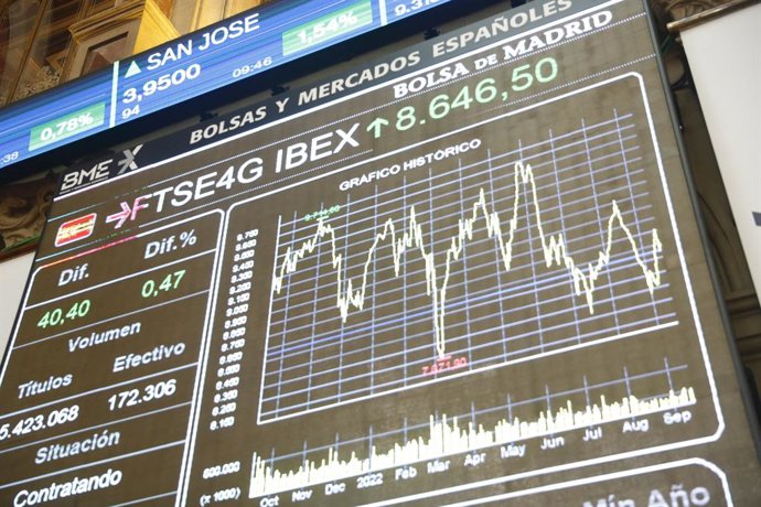 Paneles con los índices bursátiles en el Palacio de la Bolsa, a 14 de septiembre de 2022, en Madrid (España).  