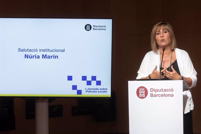 La presidenta de la Diputación de Barcelona, Núria Marín, en la presentación de la jornada de policias locales organizada por la corporación.