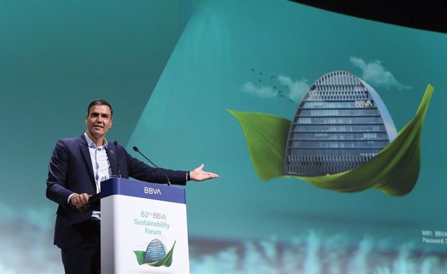 El presidente del Gobierno, Pedro Sánchez,  durante la inauguración del 'II BBVA Sustainability Forum'.